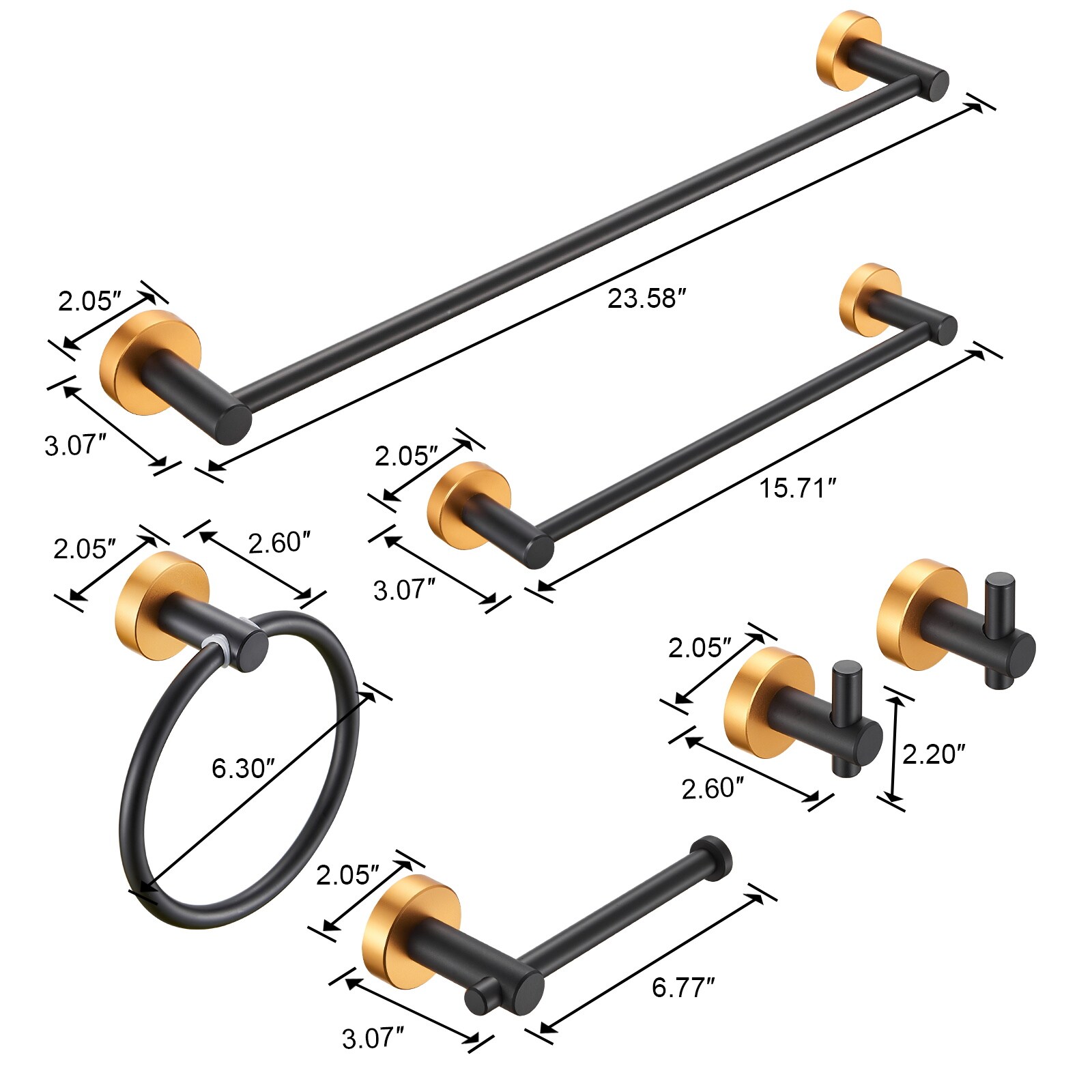 Bathroom Hardware Set 6 Piece Space Aluminium Towel Bar Black Gold_voghion.com